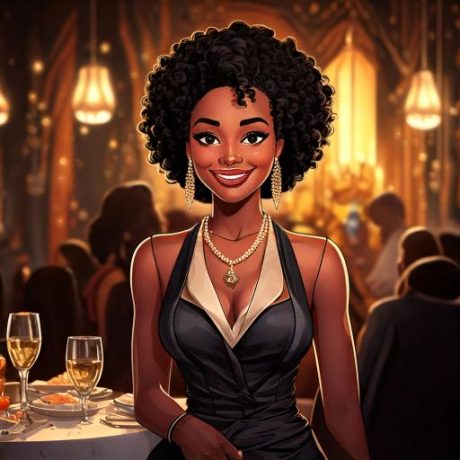 cartoon of a woman in front of the scene of a dinner party