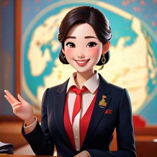 cartoon image of an etiquette coach in front of a map
