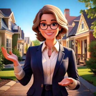 cartoon image of a lady in glasses in front of a row of houses